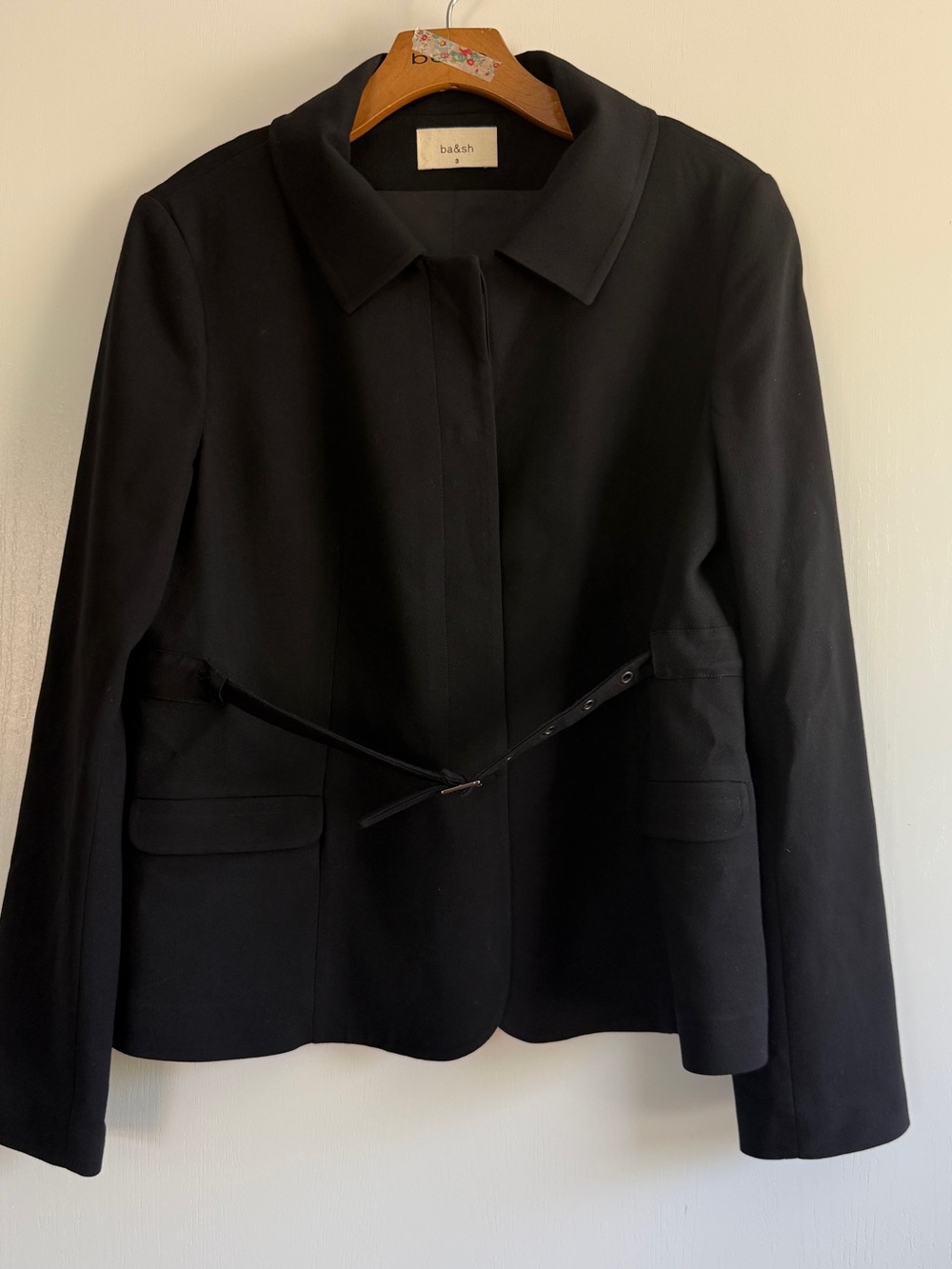 ba&sh Black Tailored Belted Blazer Size 3 Wool Blend